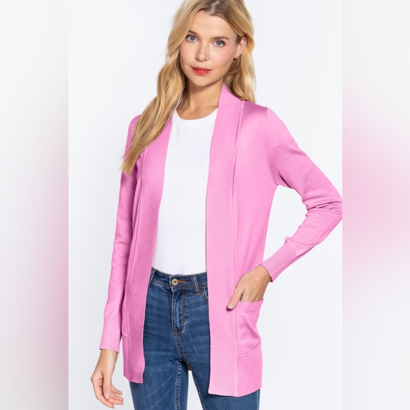 ACTIVE BASIC Ribbed Trim Open Front Cardigan - Picture 2 of 5